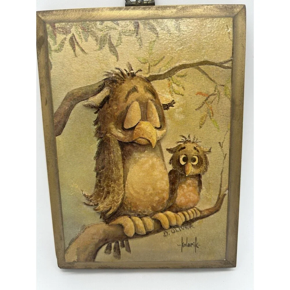 VTG Wooden Decoupage Owl Plaque‎ MCM Gallery Wall Green Brown D.Oliver Kolarik